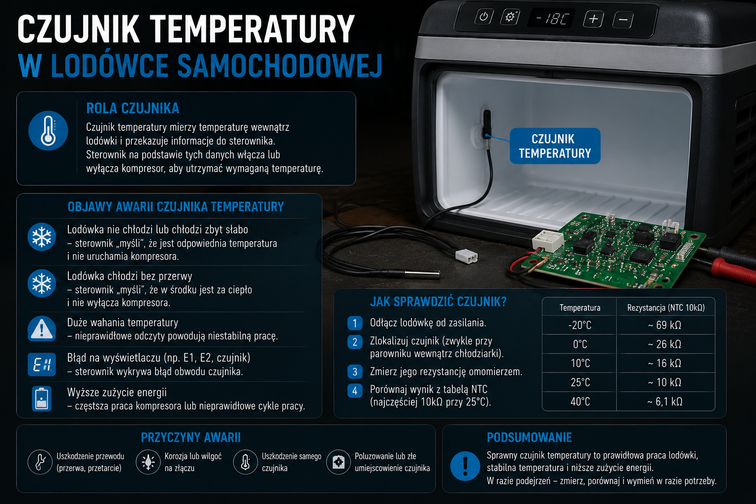 Czujnik temperatury w lodówce samochodowej, schemat i objawy awarii.