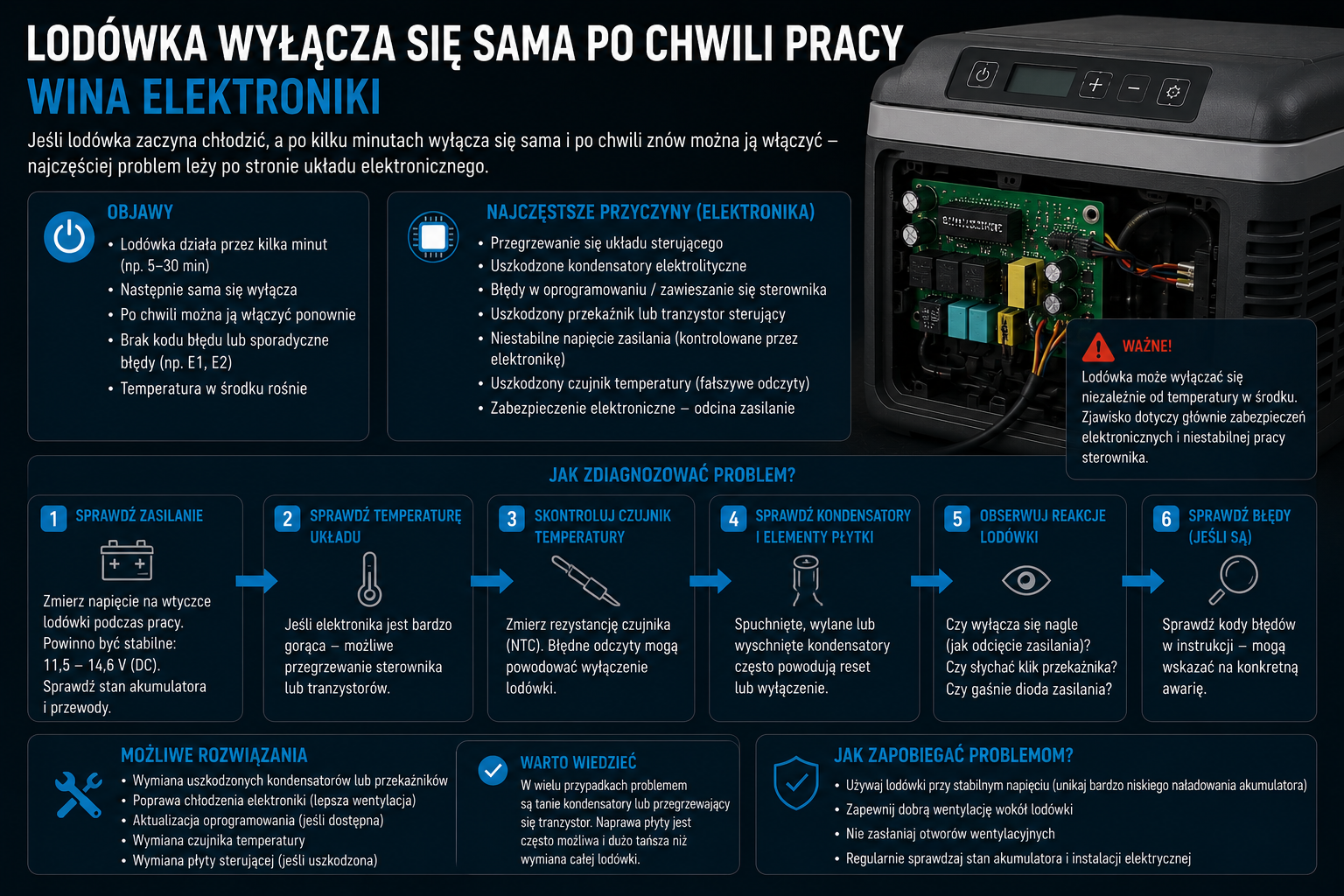 Lodówka wyłącza się sama po chwili pracy, wina elektroniki