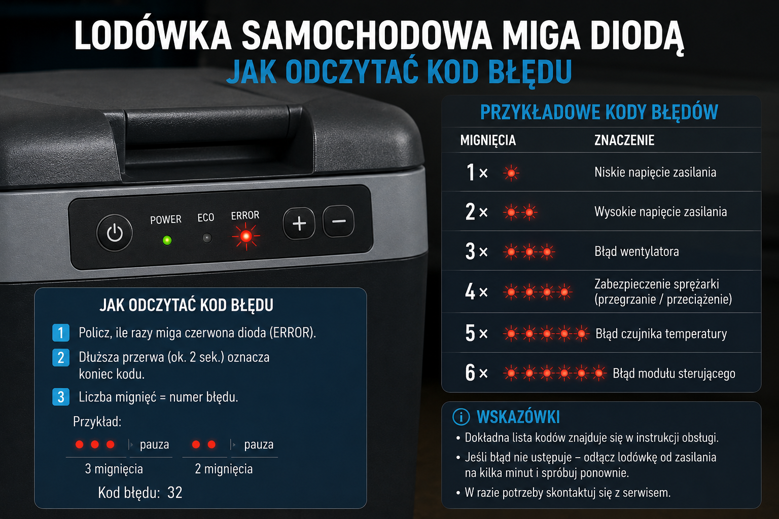 lodówka samochodowa miga diodą