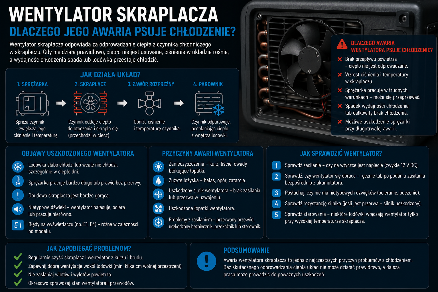 wentylator skraplacza w lodówce samochodowej